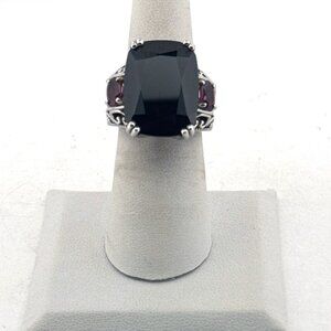 Estate Sterling Silver 925 Filigree Ring Size 6 Large Black Stone & Red Accents